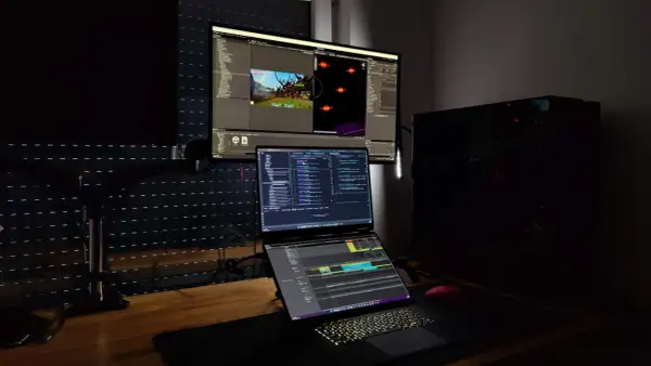 Stanowisko programisty z trzema monitorami, na których widać edytor kodu i scenę gry. Czy c.