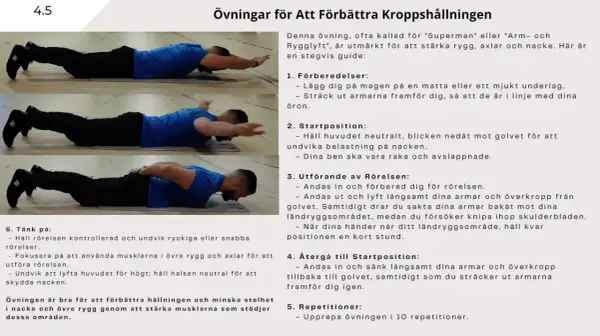 Man stretchar armar och överkropp från golvet för att stärka rygg, axlar och nacke.