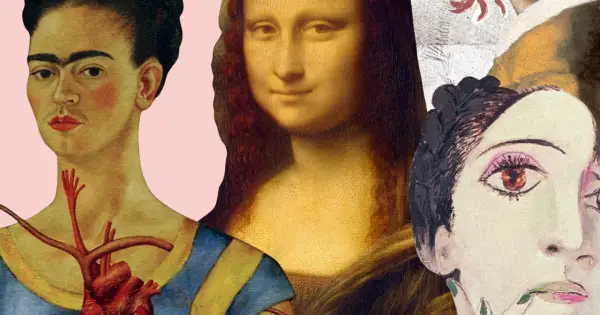Kolaż słynnych obrazów z kobietą: Frida Kahlo z sercem, Mona Lisa i portret Picassa.