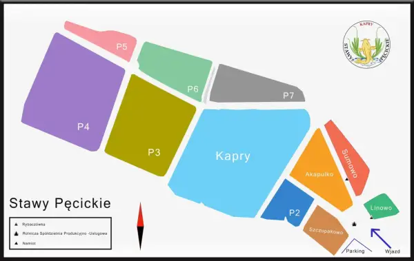 Mapa Stawy Pęcickie z podziałem na łowiska: Kapry, P2, P3, P4, P5, P6, P7, Akapulko, Sumowo, Linowo, Szczupakowo. Wjazd i parking.