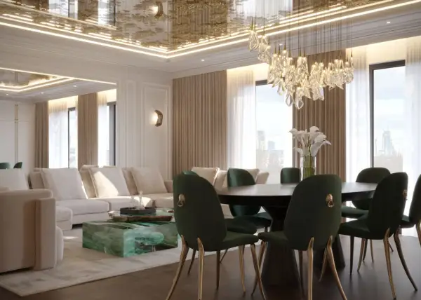 Elegancki salon z jadalnią. Złoty, ozdobny sufit napinany w jadalni, który może mieć wady, ale wygląda efektownie.