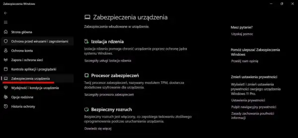 Zabezpieczenia urządzenia w Windows 11: izolacja rdzenia chroni jądro systemu. Zobacz szczegóły.