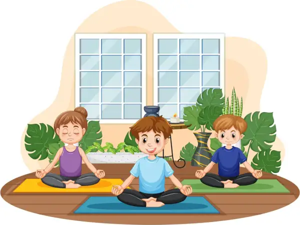 Niños practicando posturas yoga, sentados en esterillas con los ojos cerrados y las manos en mudra. Un ambiente sereno con plantas y ventanas.