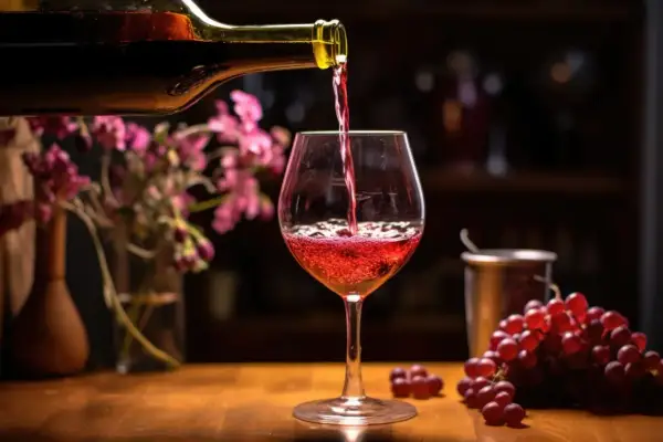 Czerwone wino nalewane do kieliszka, obok kiść winogron. Proces siarkowania wina zapewnia jego stabilność i świeżość.