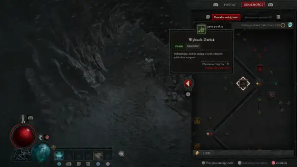 Diablo 4: nekromanta build. Drzewko umiejętności z aktywną zdolnością "Wybuch Zwłok", która zadaje obrażenia pobliskim wrogom.