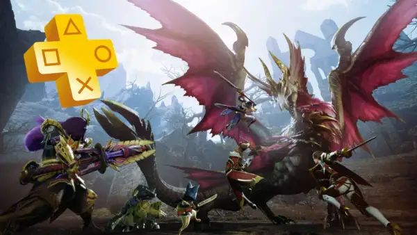 Gry co miesiąc PS Plus: bohaterowie walczą z potężnym smokiem w fantastycznym świecie.