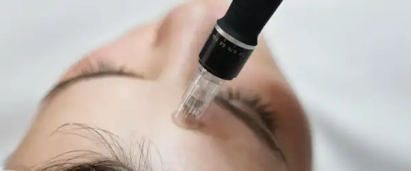 Un stylo de microneedling, utilisé pour un soin avec aiguille, effleure le front d'une personne.