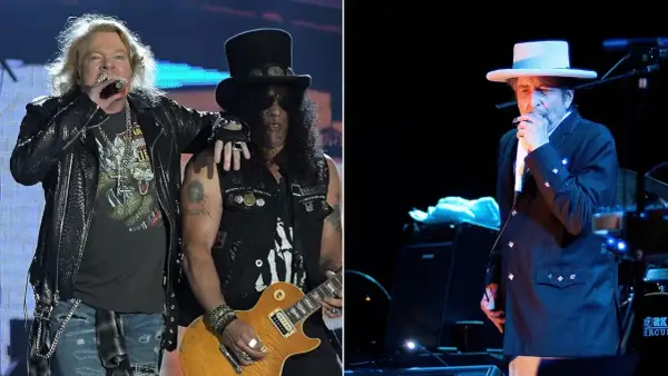 Axl Rose i Slash z Guns N' Roses, obok Boba Dylana. Legendy rocka, jakby otwierali bramy do nieba.