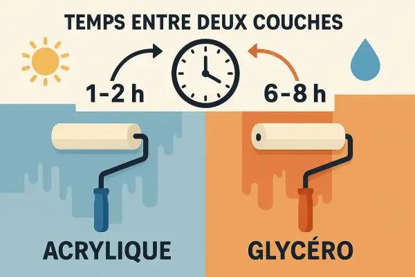 Temps de séchage entre deux couches de peinture : 1-2h pour l'acrylique, 6-8h pour la glycéro. L'égrenage peinture est plus rapide avec l'acrylique.