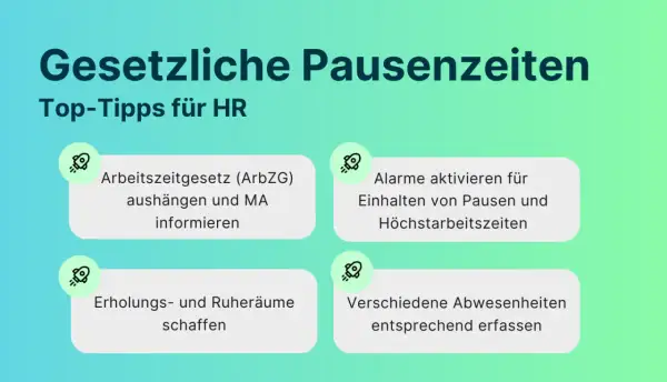 Top-Tipps für HR: Gesetzliche Pausenzeiten beachten. Nach 6 Stunden Arbeit Pause einlegen, Erholungsräume schaffen und Abwesenheiten erfassen.