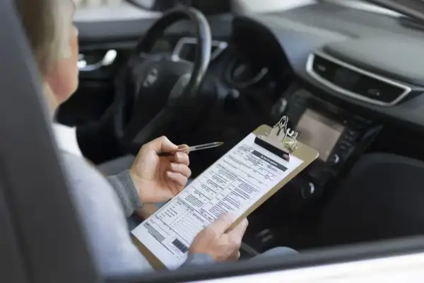 Osoba w samochodzie wypełnia dokumenty dotyczące akcyzy za auto.