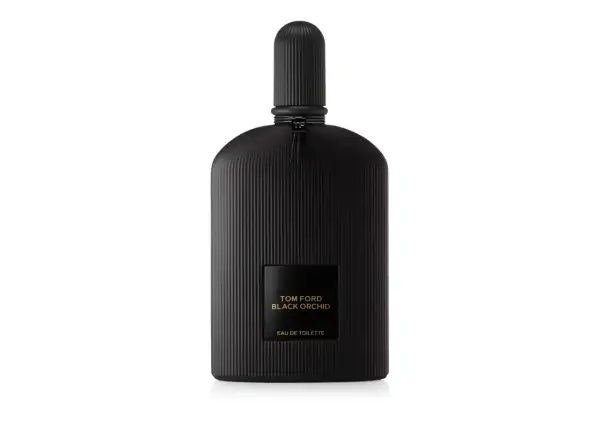 Elegancka, czarna butelka perfum Tom Ford Black Orchid, z charakterystycznymi pionowymi żłobieniami i złotą etykietą.