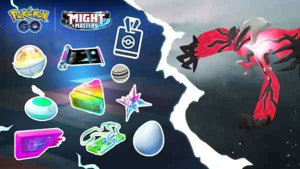 Grafika z gry Pokémon GO, przedstawiająca przedmioty i legendarnego Pokémona Yveltal. To świetny pokemon go poradnik dla graczy.