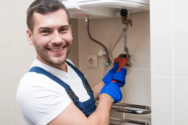 Uśmiechnięty hydraulik w niebieskim kombinezonie i rękawiczkach dokręca kluczem bojler. Zastanawiasz się, czy wyłączać bojler na wyjazd? On wie!