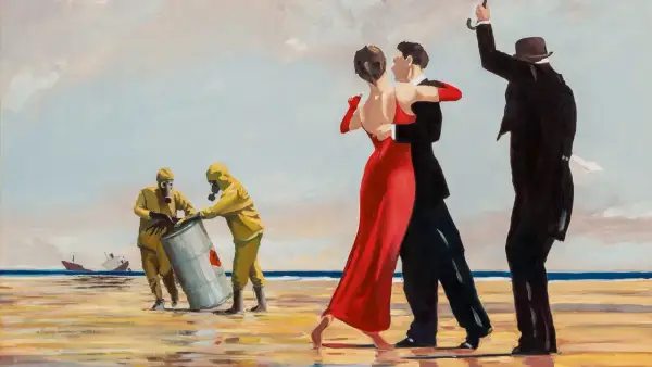 A couple dances on a beach while men in hazmat suits handle a barrel. The singing butler, in a suit and hat, raises an umbrella.