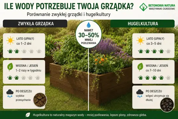 Porównanie grządek: zwykła vs. hugelkultura. Hugelkultura zatrzymuje wilgoć, dzięki czemu ziemia kompostowa dłużej pozostaje nawodniona.