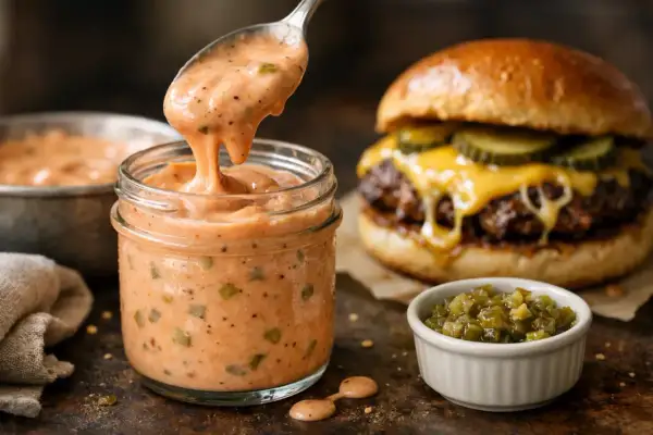 Une cuillère verse une sauce onctueuse, parfaite pour une idée sauce burger. Un burger dégoulinant de fromage et de cornichons est en arrière-plan.