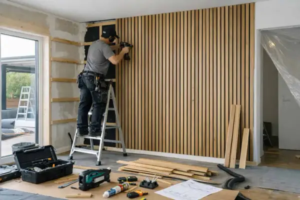 Man på en stege använder en spikpistol för att montera akustikpanel på en vägg. Verktyg och material ligger utspridda på golvet.