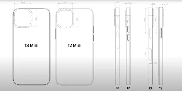 Porównanie iPhone 13 Mini i 12 Mini: schematyczne rysunki z wymiarami pokazują różnice w obudowie i aparacie.
