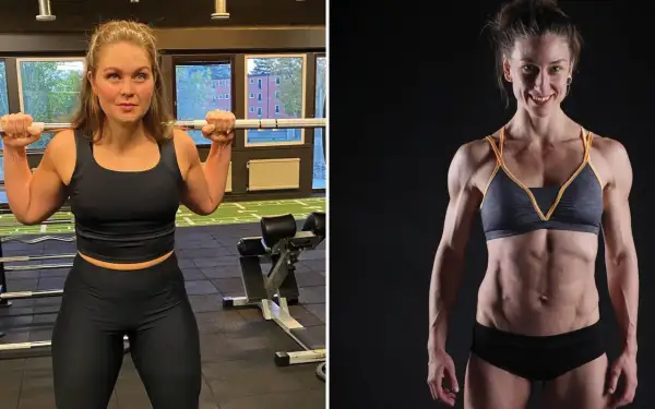 Två starka kvinnor med imponerande muskler. Den ena lyfter skivstång i gymmet, den andra visar upp sin vältränade fysik.