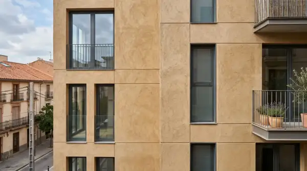 Fachada moderna con textura de arena, ventanas oscuras y balcones. El mejor mortero para fachadas exteriores protege esta construcción.