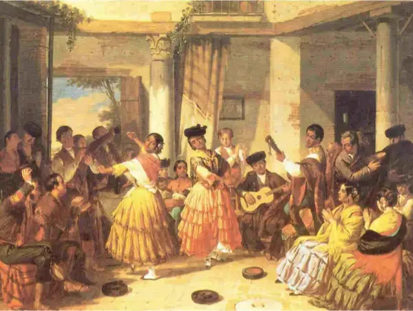 Una escena vibrante de la historia del flamenco: mujeres bailan con faldas voluminosas, hombres tocan guitarra y palmean, mientras el público aplaude.