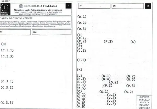 Documento "Carta di Circolazione" con campi codificati (A), (B), (C.2.1), (C.3.1), ecc. e sezioni numerate (1), (2).