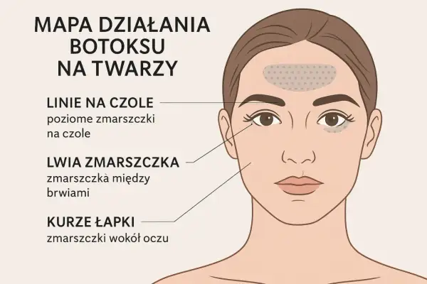 Mapa działania botoksu na twarzy: miejsca wstrzyknięć na czoło, lwia zmarszczka i kurze łapki.
