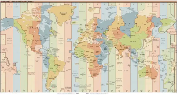 Mapa stref czasowych świata, gdzie Polska znajduje się w strefie +1 od GMT.