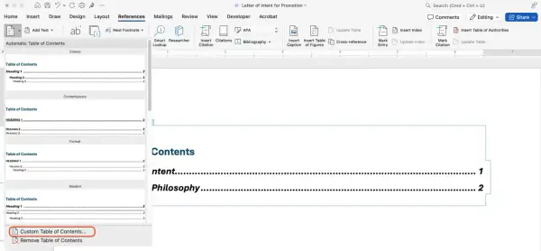 Widok okna programu Word z opcjami tworzenia spisów tabel. Dostępne są różne style spisów, a także opcja "Custom Table of Contents...".