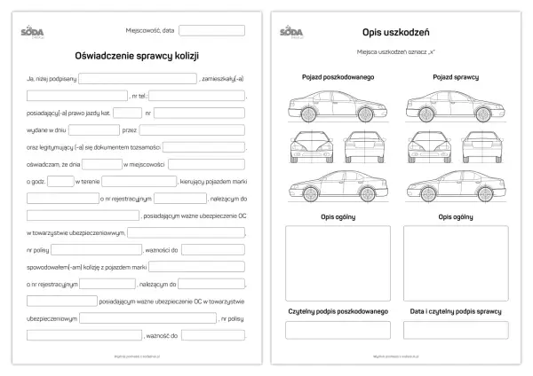 Formularz oświadczenia sprawcy kolizji drogowej, z miejscem na opis uszkodzeń pojazdów i danymi uczestników zdarzenia.
