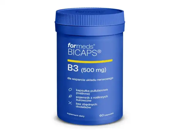 Niebieski pojemnik suplementu diety Formeds BICAPS B3 (500 mg) z kwasem nikotynowym dla wsparcia układu nerwowego.