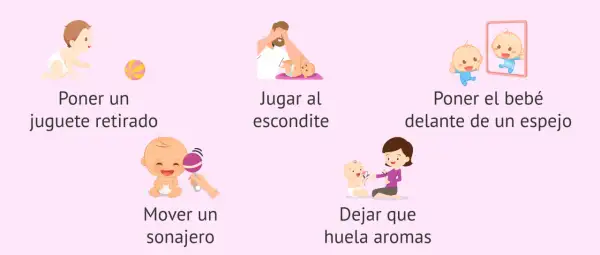 Ilustraciones de actividades para la estimulación temprana de bebés: jugar, sonajeros, espejo, aromas.