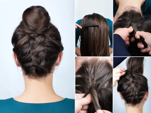 Tutorial per acconciature per chi ha pochi capelli: treccia e chignon voluminoso.