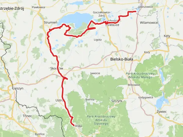 Mapa z zaznaczoną trasą rowerową, która prowadzi przez Beskid Śląski, od Wisły, przez Ustroń, Skoczów, aż do Goczałkowic-Zdroju. To fragment żelaznego szlaku rowerowego.