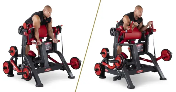 Mann trainiert den brachialis muskel an einer Bizeps-Maschine.