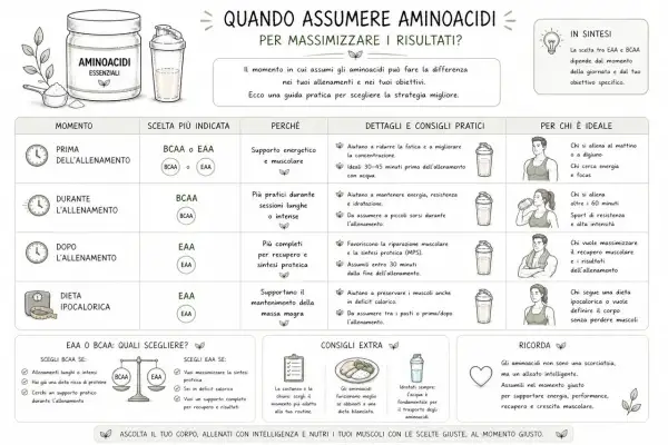 Guida su quando assumere aminoacidi o proteine per massimizzare i risultati. Scegli BCAA o EAA in base al momento e ai tuoi obiettivi.