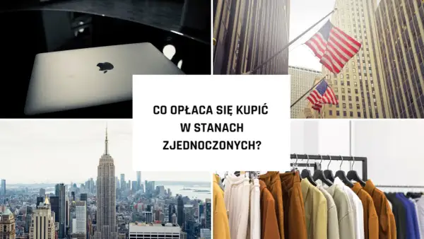 Laptop Apple, flagi USA, drapacze chmur w Nowym Jorku i ubrania na wieszakach.