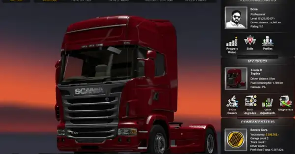 Czerwona Scania R420 w grze, ekran z informacjami o kierowcy i firmie. Sprawdź ets2 wymagania, by cieszyć się jazdą!