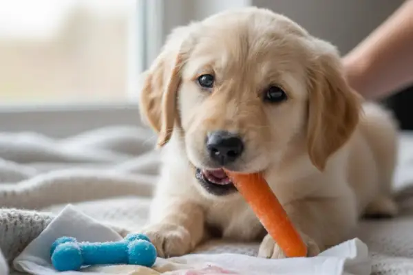 Goldener Retriever Welpe kaut auf Karotte, während sein Zahnwechsel beginnt. Neben ihm liegt ein blaues Knochenspielzeug.