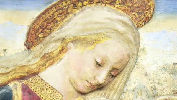 Ein zartes Porträt, das an Maria Magdalena, die Tochter, erinnert. Ihr blondes Haar umrahmt ein sanftes Gesicht unter einer goldenen Aureole.