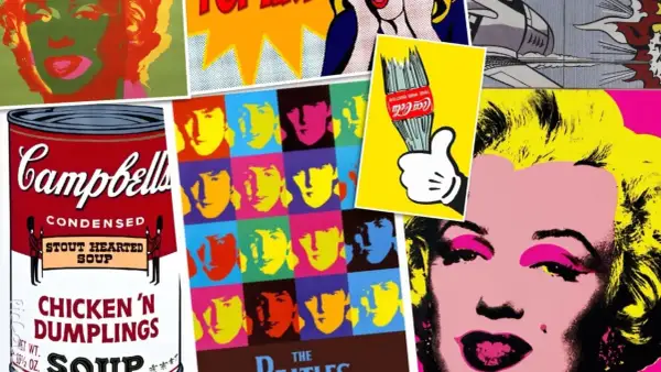 Pop art collage featuring 1960s artists painters like Warhol and Lichtenstein. Iconic images of Marilyn Monroe, Campbell's soup, and The Beatles.
