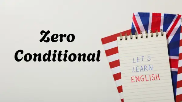 Zeszyt z napisem "Let's learn English" i flagą Wielkiej Brytanii. Temat: Zero Conditional.