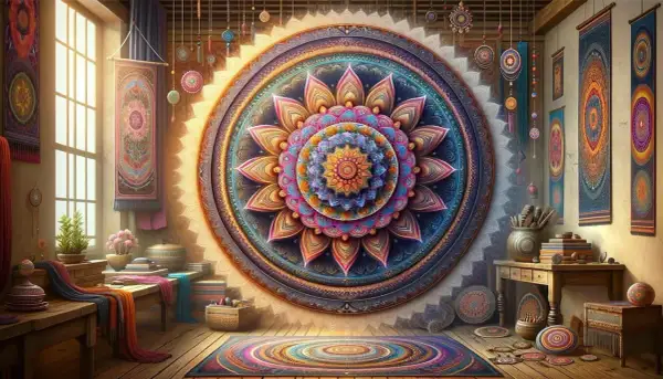 Wspaniała, wielobarwna mandala zdobi ścianę, otoczona dywanami i tkaninami w stylu boho.