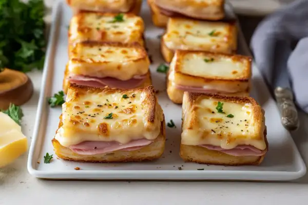 Petits croque-monsieur gratinés, une délicieuse entrée jambon et fromage fondant, parsemés de persil frais.