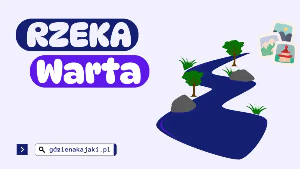 Rzeka Warta na mapie Polski. Ilustracja przedstawia krętą rzekę z drzewami i kamieniami, a obok zdjęcia krajobrazów.