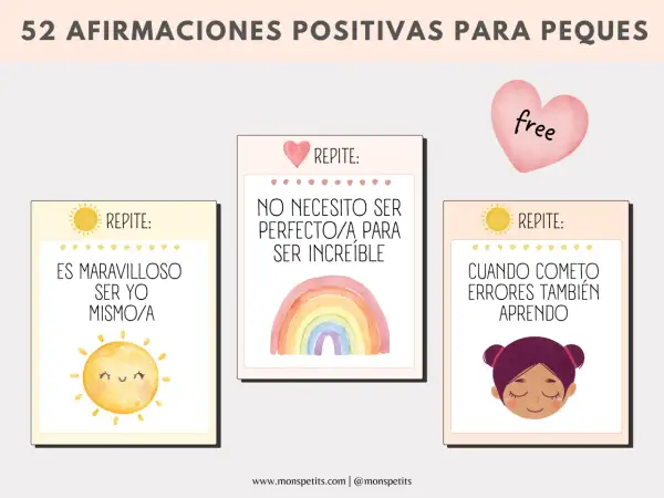 Tarjetas con afirmaciones positivas para niños: "Es maravilloso ser yo mismo/a", "No necesito ser perfecto/a para ser increíble" y "Cuando cometo errores también aprendo".