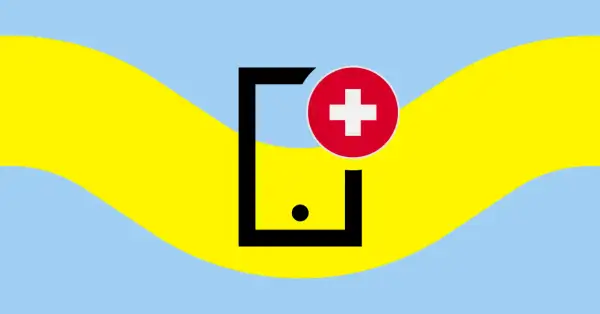 Czarny symbol telefonu z czerwonym krzyżem na tle falujących żółto-niebieskich pasów. To jak roaming play, gdzie technologia spotyka pomoc.