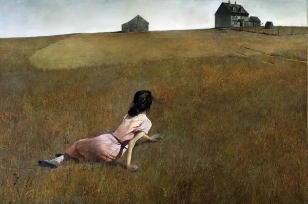 Wyeth's Christina's World: A woman in a pink dress crawls through a dry field towards a distant farmhouse.
