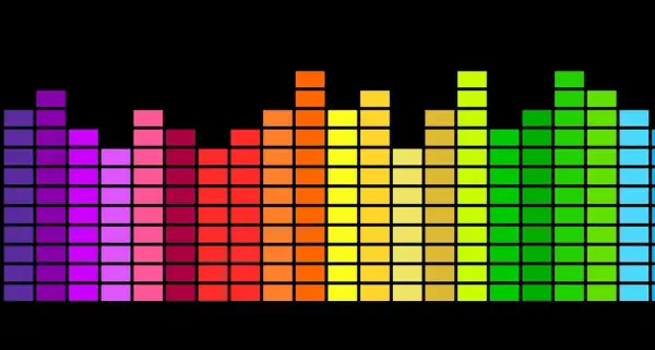 Kolorowy korektor dźwięku equalizer na czarnym tle, przypominający cyfrowy wykres muzyczny.